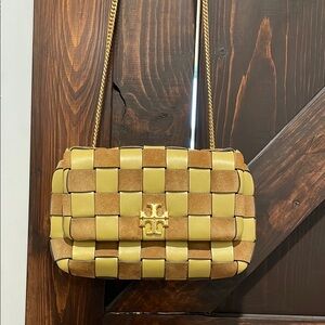Tory Burch Kira Woven Mini Crossbody Bag. Color “Brioche”